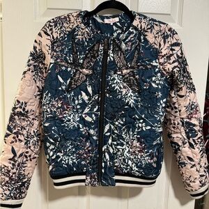 Parker Navy and Blush Bird Print Bomber Jacket